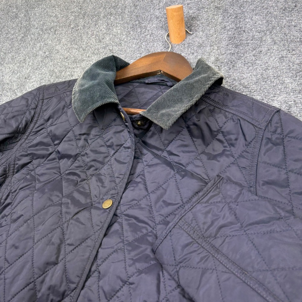 Barbour Quilted Jacket Womens 8 Navy Blue Corduroy Collar Snap Front Coat 0695